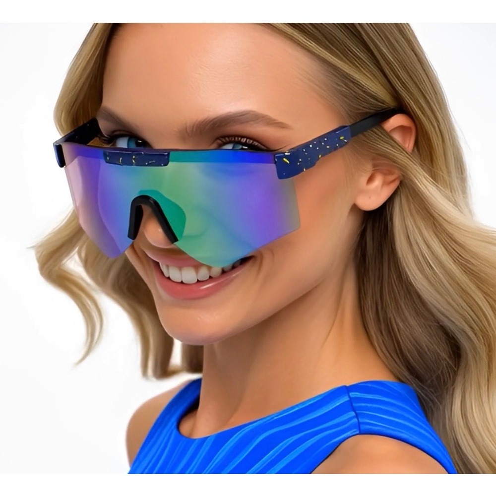 Mirrored Women Sunglasses Blue Green Mirror Lens Splatter Paint Sporty Lentes